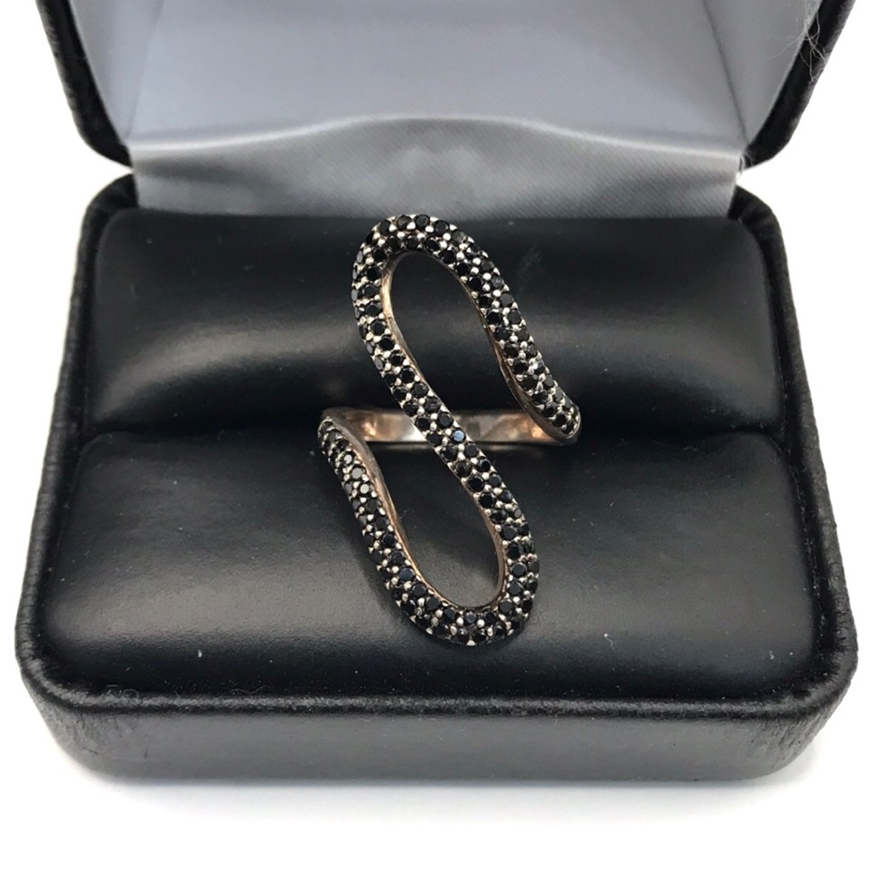925 Sterling Silver Black Diamonds Swirl Ring Size 6.5 Women Jewelry